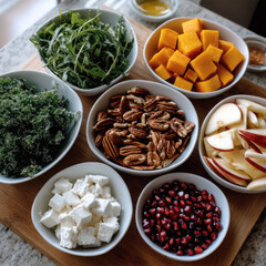 Roasted pumpkin, kale, arugula, pomegranate, goat cheese, and pecan salad ingredients on stone background, healthy and vibrant autumn meal