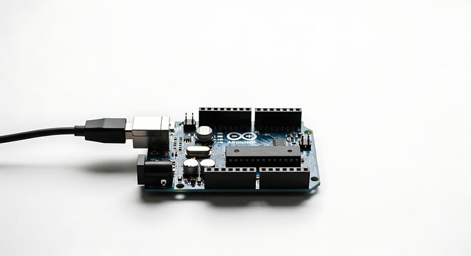 Arduino uno board connected with a usb cable on a white surface in a studio lighting setup ai generated