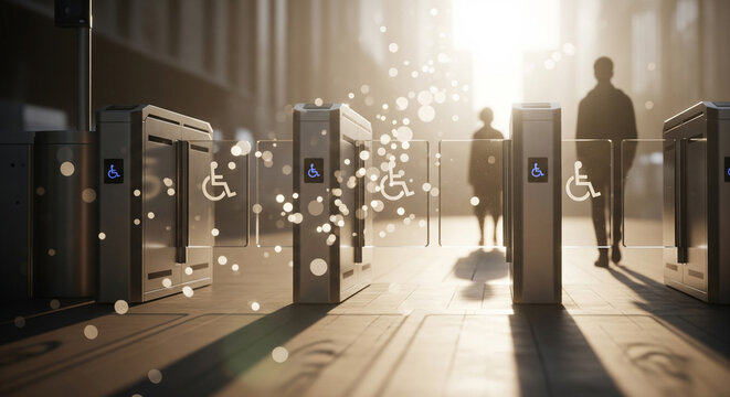 Accessibility and ease as a blurred figure navigates a gate in a busy urban setting during golden hour