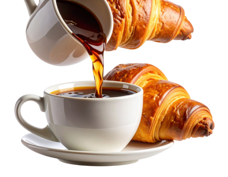 Freshly brewed coffee being poured into a white cup next to golden croissants