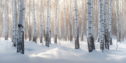 Misty and snowy birch forest in winter.