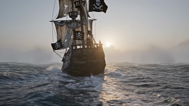 Pirate Ship at Sea - A wooden pirate ship sails through choppy ocean waters, displaying flags with skull and crossbones.
