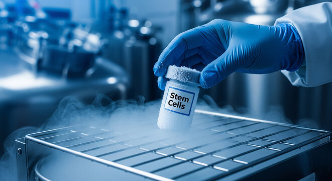 Researcher places frosty cryovial labeled Stem Cells into deep freezer rack in laboratory setting - Powered by Adobe