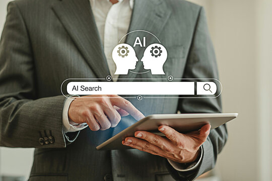 Ai search on tablet for business intelligence and machine learning technology for data analytics experts