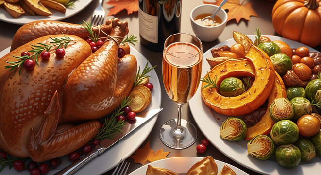 Festive Thanksgiving table setting with roasted turkey, squash, vegetable and wine. Represents celebration, abundance, and the autumn harvest