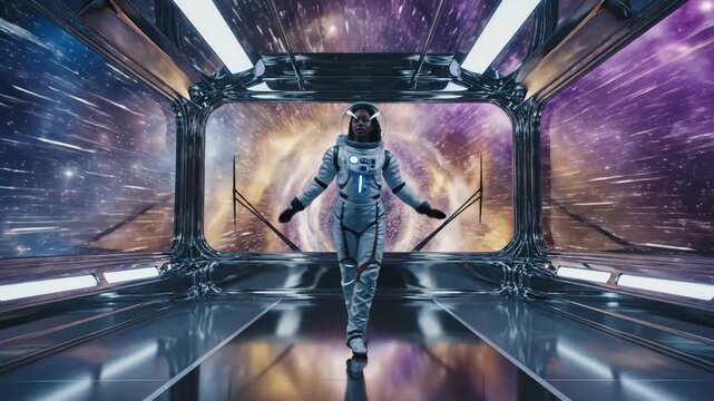 Astronaut Ballerina in Space Station - An astronaut is gracefully striking a ballet pose within a modern space station interior, featuring a backdrop of colorful cosmic phenomena viewed through a