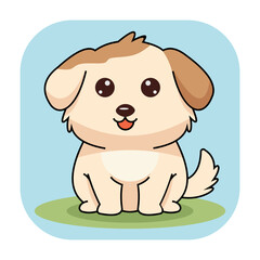 Adorable cream puppy with big eyes and pink tongue sitting on grass with blue background, perfect for kids content, pet themes, and playful design assets.