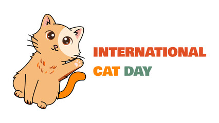 Cute orange cat with raised paw and colorful International Cat Day text on white background, perfect for pet themes, kids content, and celebration design.