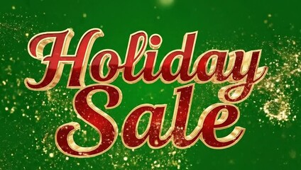 Festive holiday sale announcement with sparkling gold and red lettering on a vibrant green background