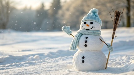 A cheerful snowman wearing a blue hat and scarf waves amid softly falling snow. Surrounded by a snowy winter landscape, it radiates warmth, friendliness, and festive winter charm in a soft, dreamy atm