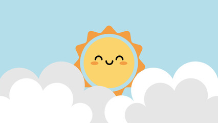 Smiling sun behind fluffy clouds on blue sky, perfect for kids content, weather themes, kawaii design, cheerful branding, and playful educational visuals.