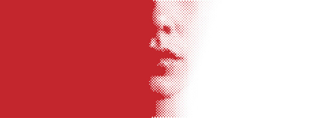 Abstract Close Up Red Face Using Gradient Halftone Circle Dots Texture. Halftone Portrait For Poster, Banner, Comics, Magazines And Advertisement With Copy Space For Text. Vector  Banner Illustration