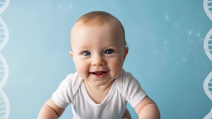 A cute and happy baby boy with big blue eyes in a white onesie smiles while crawling on a blue background decorated with white DNA helix strands - Powered by Adobe