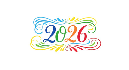 Vibrant New Year 2026 Typography with Ornate Colorful Swirls and Decorative Flourishes, Joyful Celebration Design Element for Calendars and Greetings