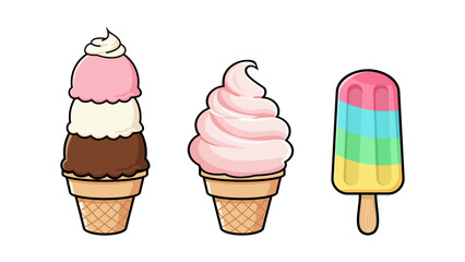 Three colorful frozen treats including scoop cone, soft serve swirl, and striped popsicle on white background, perfect for summer, dessert, and kids themes.