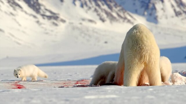 Family of polar bears and arctic fox feeding on their prey, blood in snow