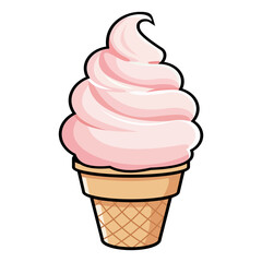 Pink soft serve ice cream in waffle cone with swirl shape on white background, perfect for dessert themes, summer treats, kids content, and sweet branding.