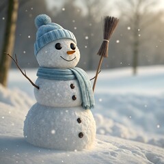 A cheerful snowman wearing a blue hat and scarf waves amid softly falling snow. Surrounded by a snowy winter landscape, it radiates warmth, friendliness, and festive winter charm in a soft, dreamy atm