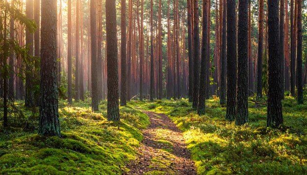 Sunlight filtering through a dense pine forest