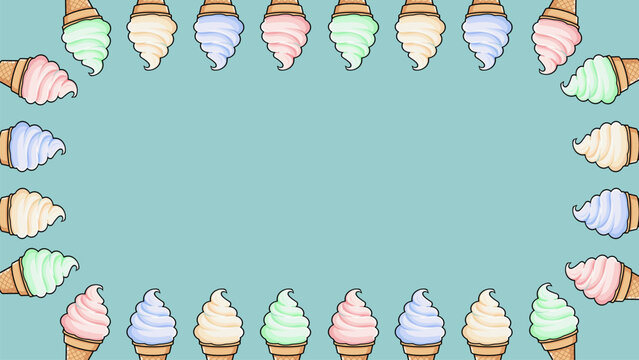 Colorful ice cream cones forming a decorative border on blue background, perfect for summer themes, dessert content, party invitations, and kids design.