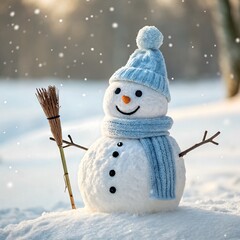 A cheerful snowman wearing a blue hat and scarf waves amid softly falling snow. Surrounded by a snowy winter landscape, it radiates warmth, friendliness, and festive winter charm in a soft, dreamy atm
