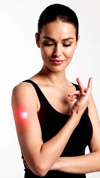 A woman in a black top with red glowing spot on arm, hand gesturing, eyes closed, white bkg