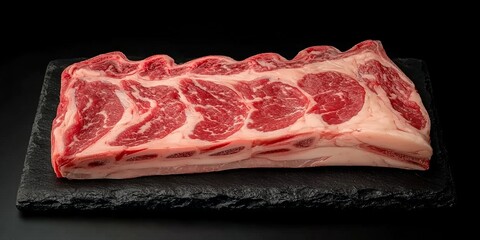 Fototapeta premium Premium Raw Angus Beef Ribeye Slices with Excellent Marbling, Perfect for Gourmet Restaurant Dishes