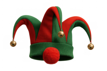 Jester hat with bells and pompom isolated on transparent background, symbolizing christmas, elf, and festive fun