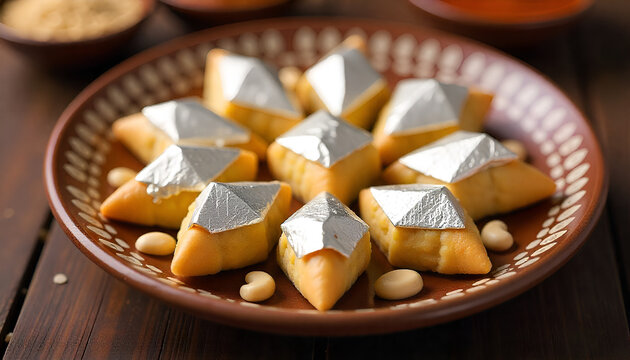Vector Kaju Katli (Cashew Barfi) - Traditional Indian Diwali Festival Sweet with Edible Silver Leaf Varak