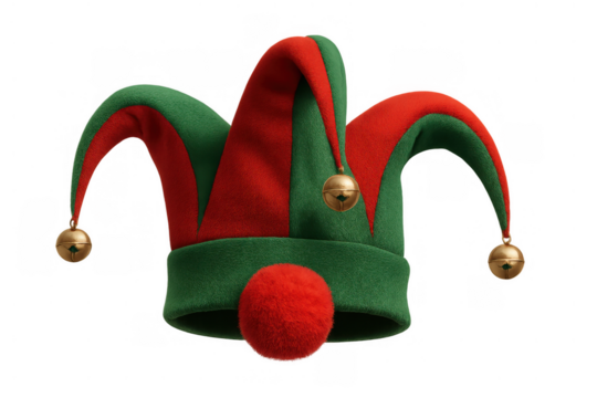 Jester hat with bells and pompom isolated on transparent background, symbolizing christmas, elf, and festive fun