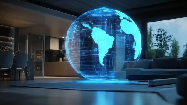 Futuristic glowing digital globe hologram hovering above a modern living room floor