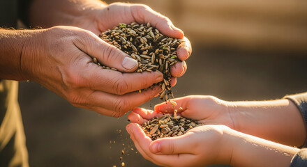 Close up elderly hands pouring seeds into young hands symbol growth patience agriculture life lesson natural sunlight