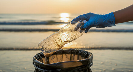 Close up volunteer hands picking plastic waste on beach with glove sustainability cleanup environment ocean protection community action copy space
