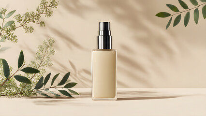 a simple skincare bottle with shadow beige background