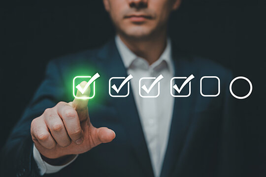 Checklist complete task management business process workflow approval survey form businessman concept