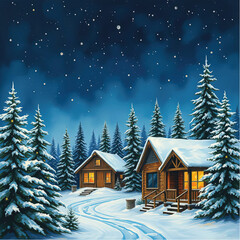 Snowy, calm, winter landscape with twinkling stars, pine trees, and cozy wooden cabins softly illuminated under a deep blue night sky
