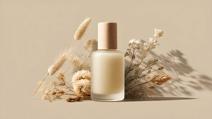 a simple skincare bottle with shadow beige background
