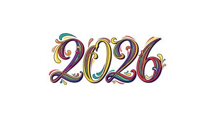A Vibrant and Artistic Rendition of the Year 2026 in Multi-Colored, Flowing Typography