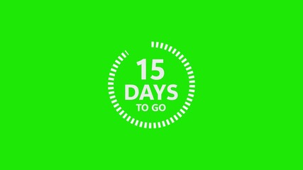 White text countdown timer graphic with 15 days to go on bright green background fifteen