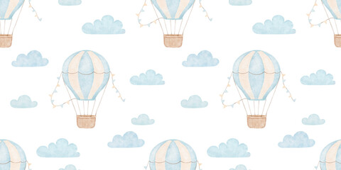 Seamless watercolor pattern with blue hot air balloons on white background, hand drawn repeating illustrations for boy © Elena