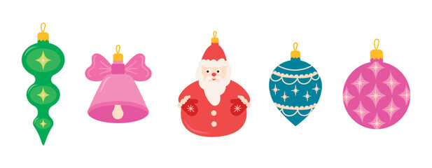 Set of Christmas tree decorations of various shapes and colors. Vector hand-drawn on a white background.