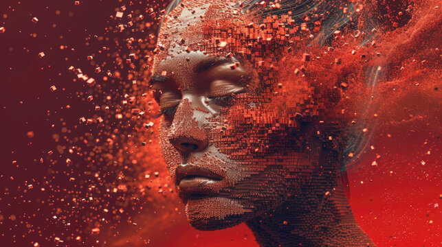 woman's face dissolving into a cloud of red particles and cubic pixels. This powerful visualizes data, artificial intelligence AI, technology, or concept of identity loss and digital transformation.