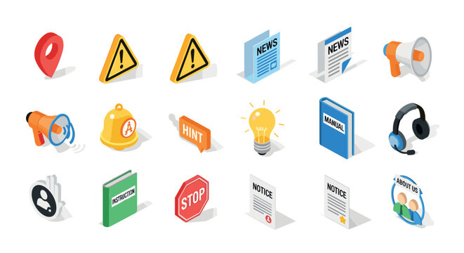 Isometric icons for communication and safety news, alerts, instructions, and signs
