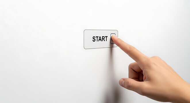 Finger Pressing a Start Button on White Background