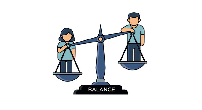 Gender equality concept with cartoon characters balancing scales