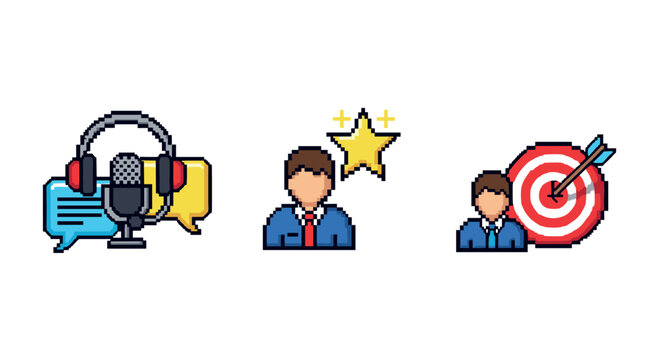 Colorful pixel art icons representing podcasting, achievement, and targeting