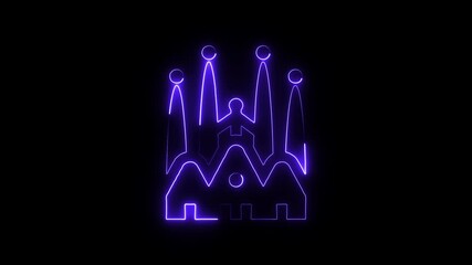 Neon Sagrada Familia outline glowing purple against black background abstract architectural symbol iconic landmark