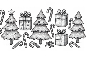 Christmas holiday seamless pattern border with hand drawn pencil sketch illustrations of trees, gifts and candy canes