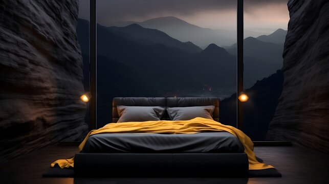 Luxurious bedroom retreat with stunning mountain view offers peaceful relaxation and escape from the everyday stress in a stylish home design