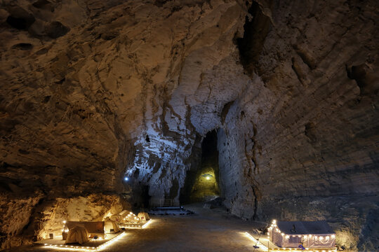 Aerial view of the majestic Ditang Caves with their unique rock formations and subtle lighting accentuating the cavernous space, Ditang Caves, Guizhou, China.